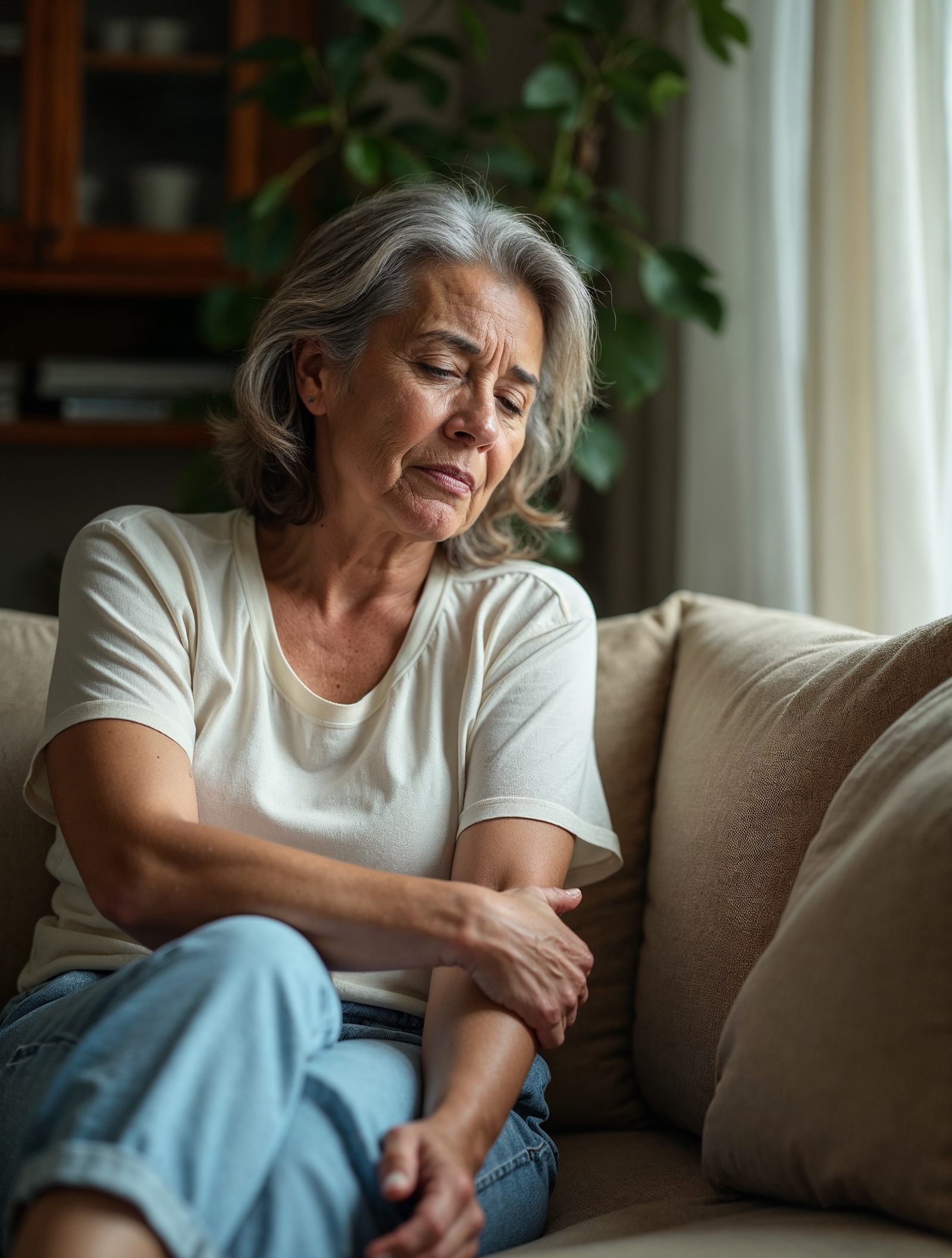Persona con dolor de rodilla en casa